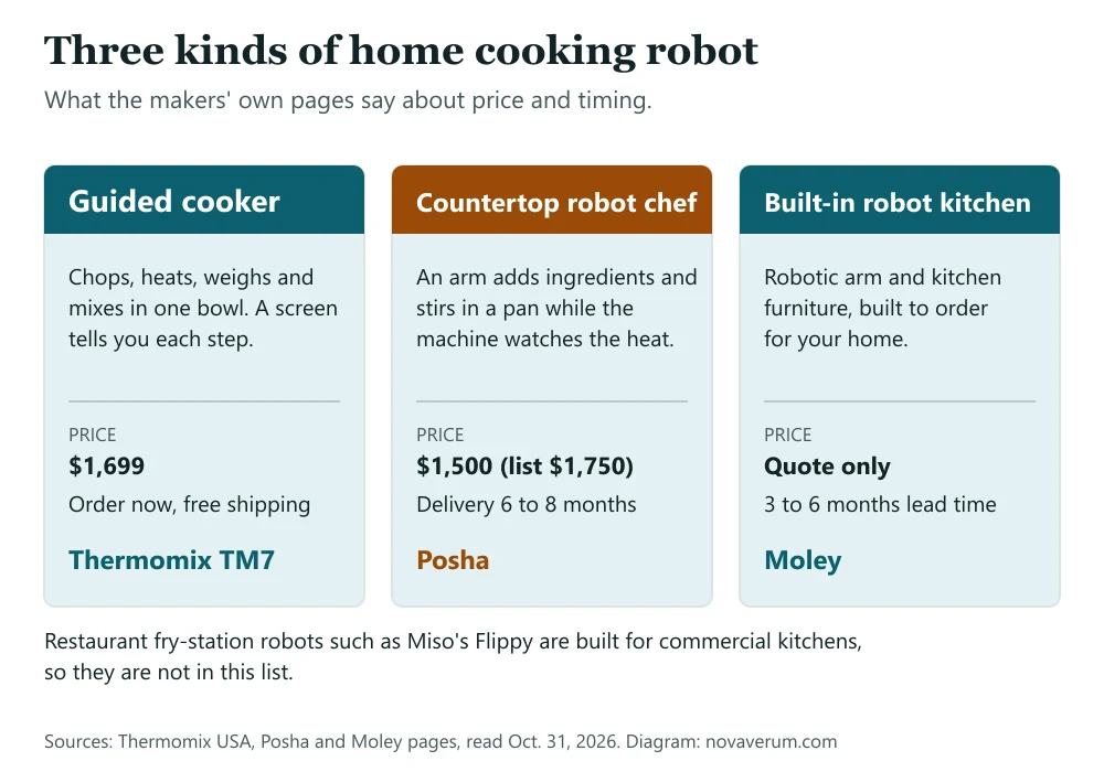 Diagram of three kinds of home cooking robot: the Thermomix TM7 guided cooker at $1,699, the Posha countertop robot chef at $1,500 with delivery in 6 to 8 months, and the Moley built-in robot kitchen sold by quote