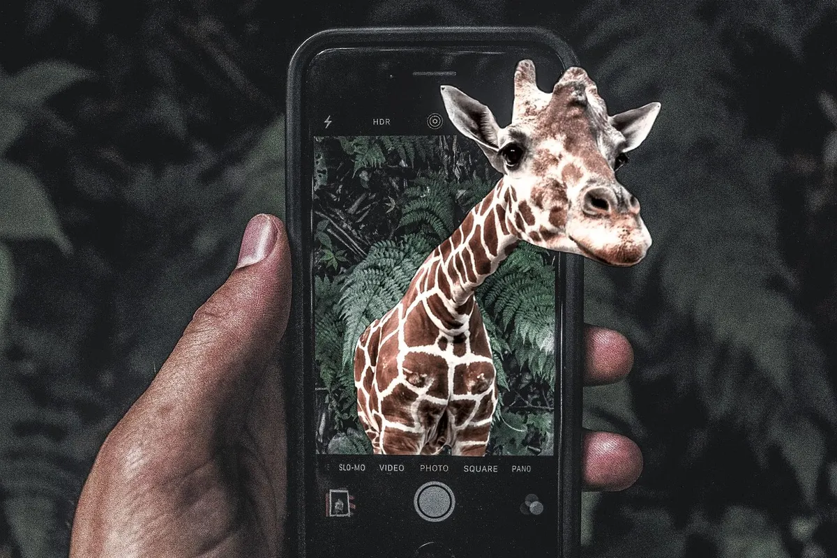 A hand holding a smartphone whose camera screen shows a giraffe stepping out of the display into a dark fern forest
