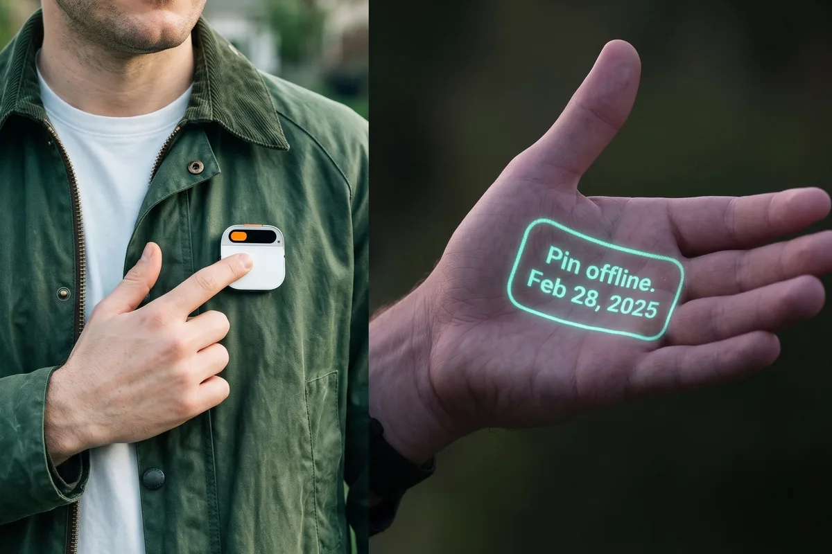 AI-generated image in two halves: a man in a green jacket pressing a small white Humane AI Pin on his chest, and an open palm with a glowing mint-green message reading Pin offline, Feb 28, 2025