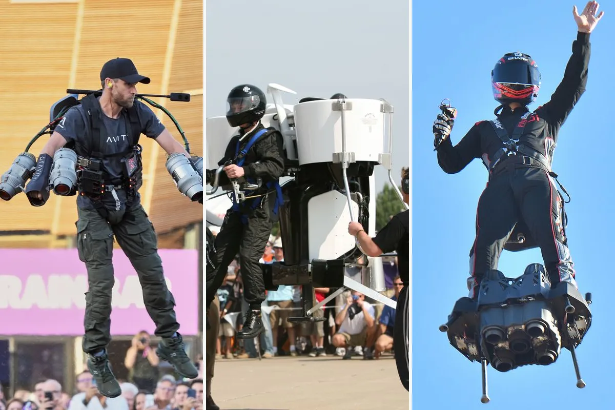 Three photos side by side: a pilot in a Gravity jet suit with engines on both arms, a pilot in a white ducted-fan Martin Jetpack held by crew, and a pilot standing on a Zapata Flyboard Air with jet engines under the board against a blue sky
